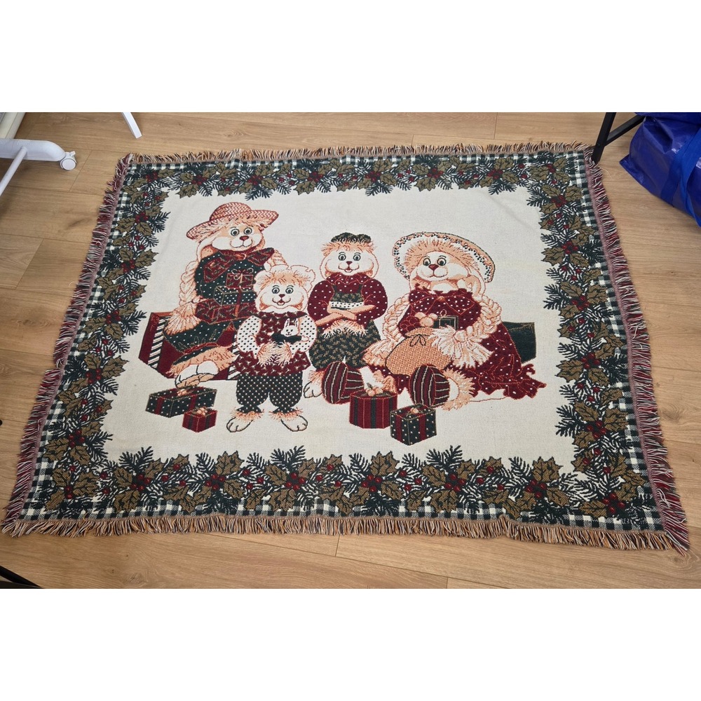 Vintage Goodwin Weavers 100% Cotton Christmas Bunny Family Woven Tapestry Throw